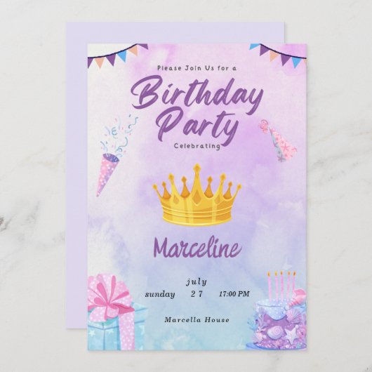 Royaltにカラフル合うバースデーよくはしゃぐタパーティー 招待状 (正面/裏面)