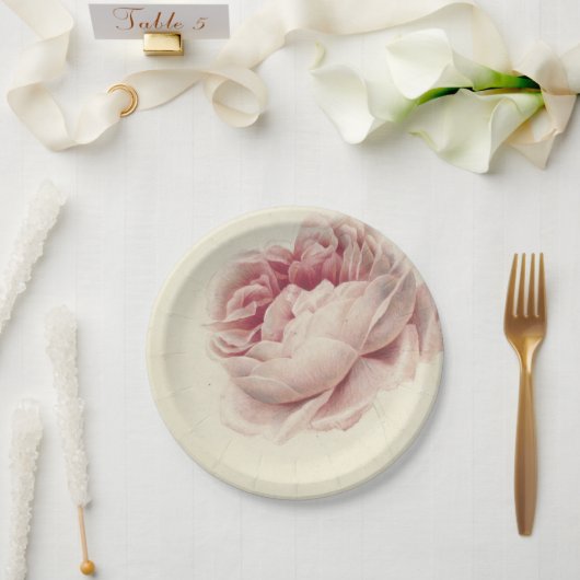 Roze Roos (1792) – タイムレスヴィンテージ植物芸術 ペーパープレート (ウェディング)