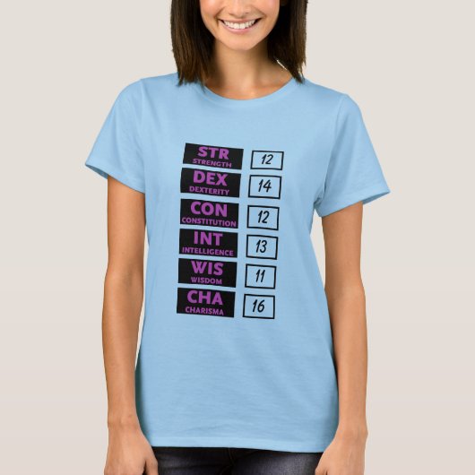 RPGの能力スコア(ピンク及び黒) Tシャツ (正面)