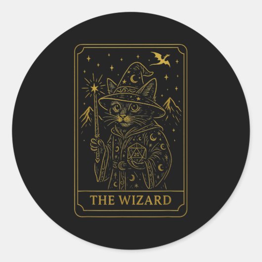 RPGゲーマー 魔法使い D20 ダイス おたく 猫 メンズ レディース ラウンドシール (正面)