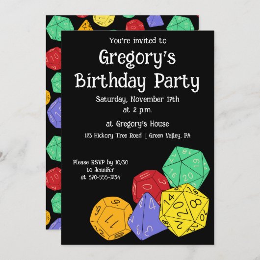 RPGゲームサイコロ、ボード、ファンタジーゲームをテーマにしたパーティー 招待状 (正面/裏面)