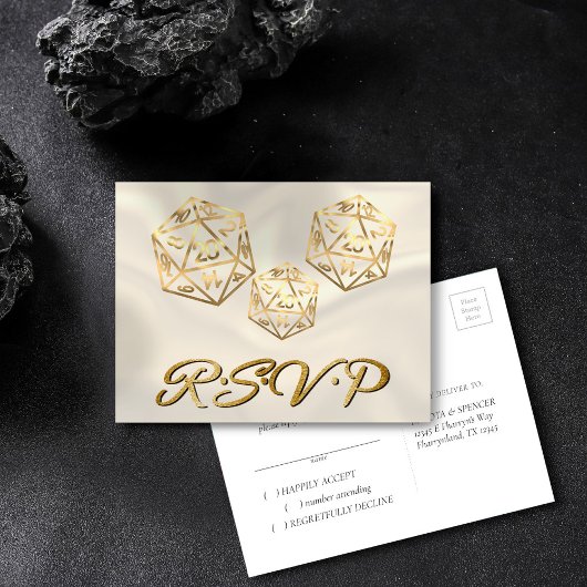 RPGサイコロ | 金ゴールドファンタジーテーブルトップゲーマーイベントRSVP インビテーションポストカード