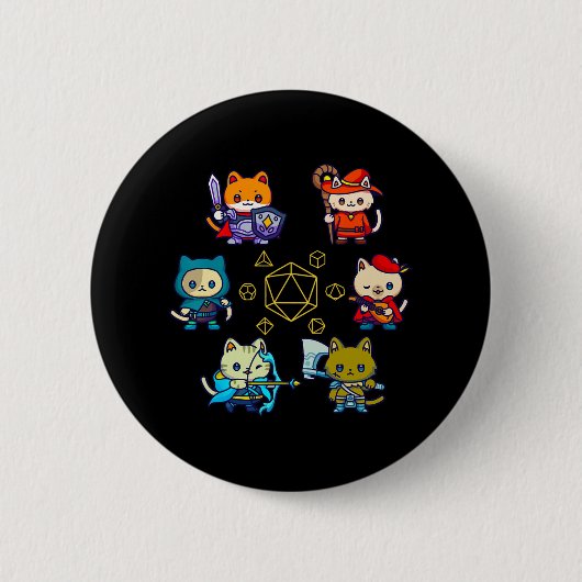 Rpg猫のサイコロセットNerdy D20ゲーマーギーク猫男性Wom 缶バッジ (正面)