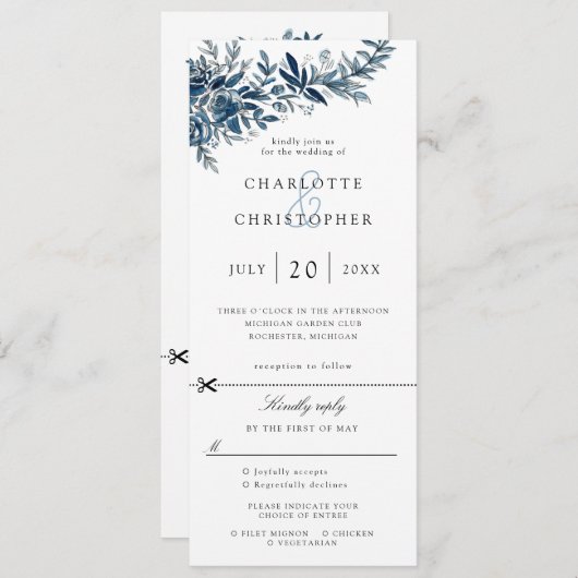 rsvpが付いたインジゴフラワー結婚式招待状 招待状 (正面/裏面)