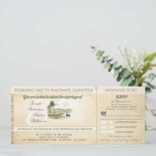 RSVPとの古い搭乗券ビーチ結婚式招待状 招待状 (スタンド正面)