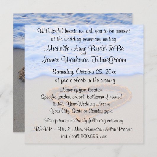 RSVPとの砂ビーチ結婚式のハート 招待状 (正面/裏面)