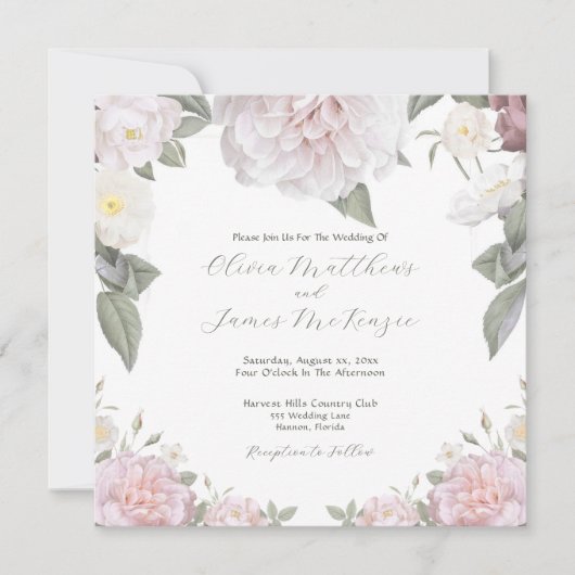 RSVPとエレガントピンクローズ庭園の結婚式 招待状 (正面)