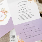 RSVPとエレガントピーチとパープル結婚フローラ オールインワン招待状