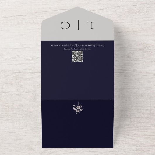 RSVPとエレガントモダンのダーク結婚ネイビーの写真 オールインワン招待状 (外側)