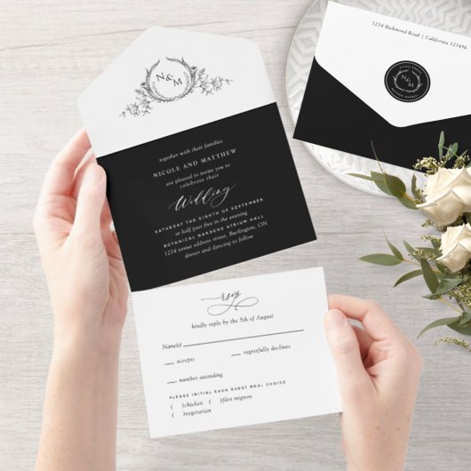 RSVPとエレガント白黒モノグラム結婚の比較 オールインワン招待状