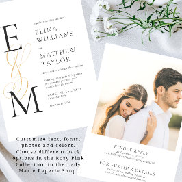 RSVPとエレガント金ゴールドモノグラム結婚式の招待 招待状