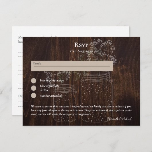 RSVPとメニューテンプレート素朴ウッドメイソンジャース ポストカード (正面/裏面)