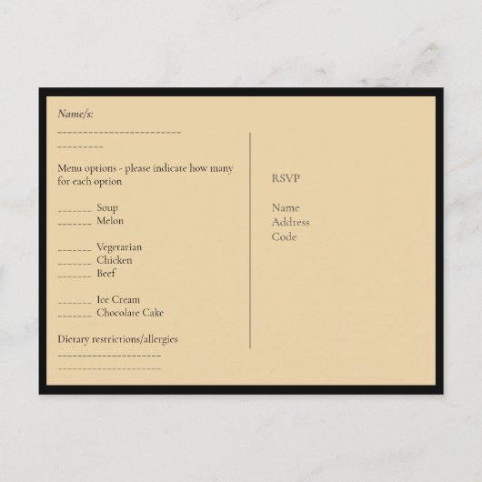 RSVPとメニューテンプレート |黒い金ゴールド ポストカード (裏面)