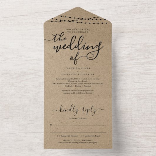 RSVPとレジストリを使用した結婚式招待状でオールインワン オールインワン招待状 (内側)