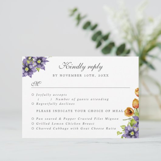 RSVPと食事の選択肢の水の色春の花 招待状 (スタンド正面)