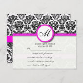 RSVPと黒とホットピンクダマスクモノグラム 出欠カード (正面/裏面)