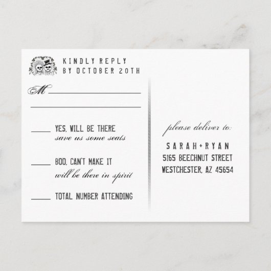 RSVPに一致する茶色のゴシック色のハロウィーンのスケルトン インビテーションポストカード (裏面)