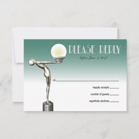 RSVPのアールデコの魅力的な新しい|のティール(緑がかった色) 出欠カード (正面)