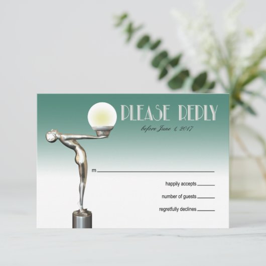 RSVPのアールデコの魅力的な新しい|のティール(緑がかった色) 出欠カード (スタンド正面)