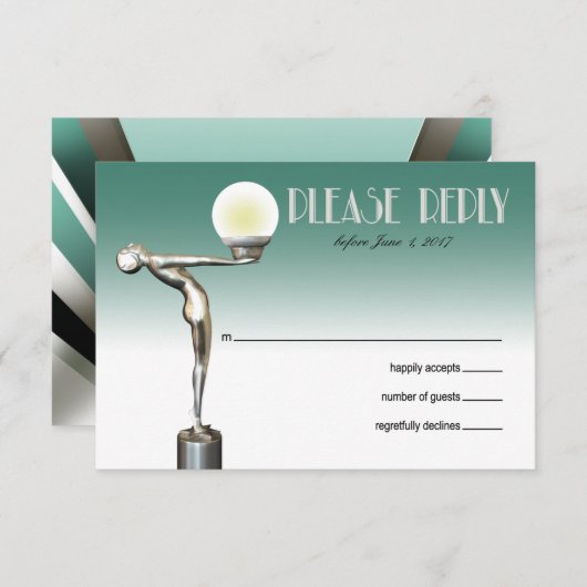 RSVPのアールデコの魅力的な新しい|のティール(緑がかった色) 出欠カード (正面/裏面)