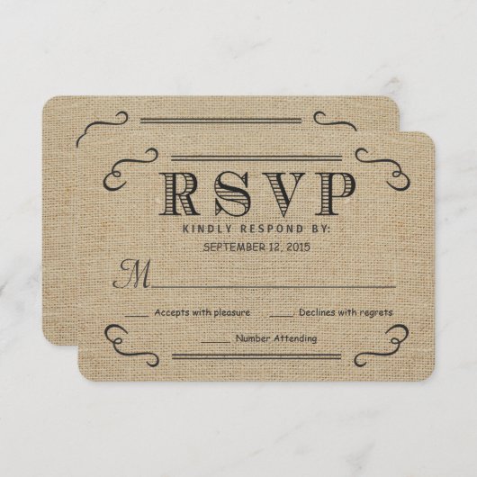 RSVPのエレガントで素朴なバーラップの結婚式の応答カード 出欠カード (正面/裏面)