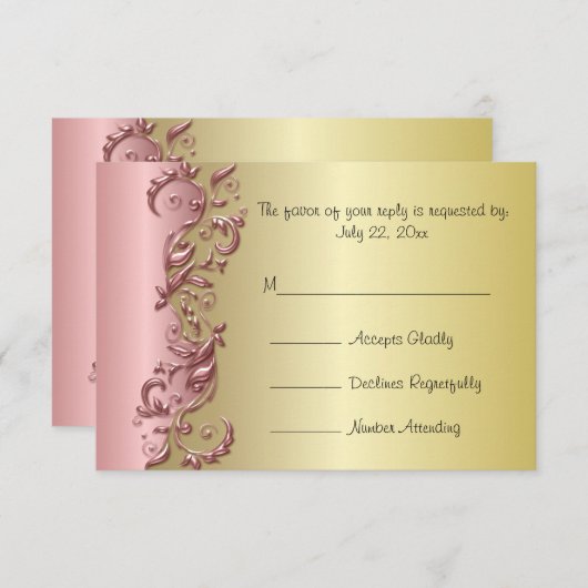 RSVPのエレガントなピンクの藤色及び金ゴールドの派手な結婚式 出欠カード (正面/裏面)