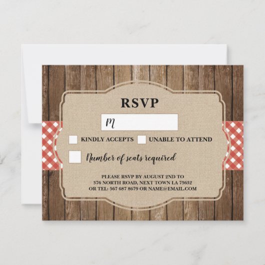 RSVPのカー結婚ドRed Gingham BBQ Burlap 招待状 (正面)