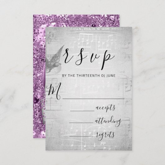 RSVPのグ結婚レイ紙3Dパープルミュージック 出欠カード (正面/裏面)