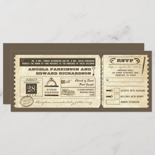 rsvpのデザインの結婚式のヴィンテージのチケットの招待 招待状 (正面/裏面)