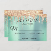 RSVPのブライダル結婚バラ金ゴールドドリップコーラルミントアクア 出欠カード (正面/裏面)