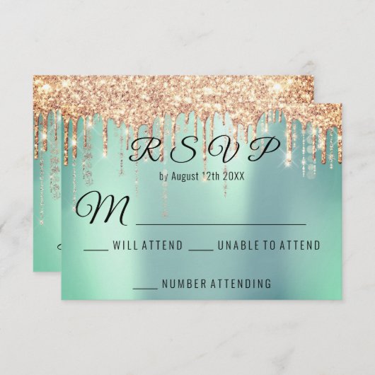 RSVPのブライダル結婚バラ金ゴールドドリップコーラルミントアクア 出欠カード (正面/裏面)