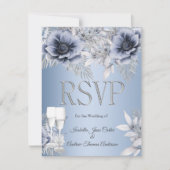 RSVPのブルー結婚シルバーフローラブーケシャンパン 出欠カード (正面)