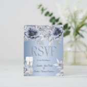 RSVPのブルー結婚シルバーフローラブーケシャンパン 出欠カード (スタンド正面)