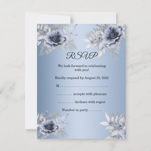 RSVPのブルー結婚シルバーフローラブーケシャンパン 出欠カード (裏面)
