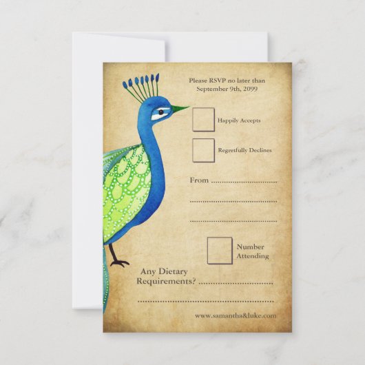 RSVPのモノグラムのヴィンテージの孔雀の結婚式の招待状 出欠カード (裏面)