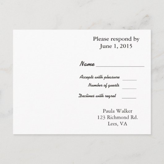 RSVPのラベンダーおよび白の渦巻の結婚 インビテーションポストカード (裏面)