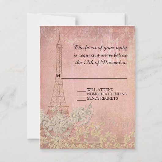 RSVPのヴィンテージのパリのパリのスタイリッシュな結婚式 出欠カード (裏面)