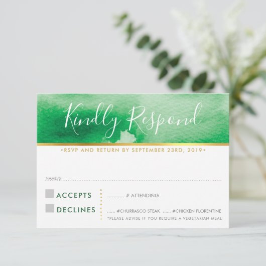 RSVPの応答の応答のスタイリッシュなケリーの緑の水彩画 出欠カード (スタンド正面)