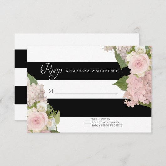 RSVPの応答の白黒ストライプのなwのかわいらしい花柄 出欠カード (正面/裏面)