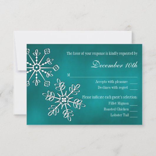 RSVPの応答カードを結婚するティール(緑がかった色)の雪片 出欠カード (裏面)