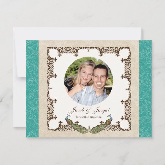 RSVPの応答カード-ヴィンテージの孔雀及びエッチング 出欠カード (裏面)