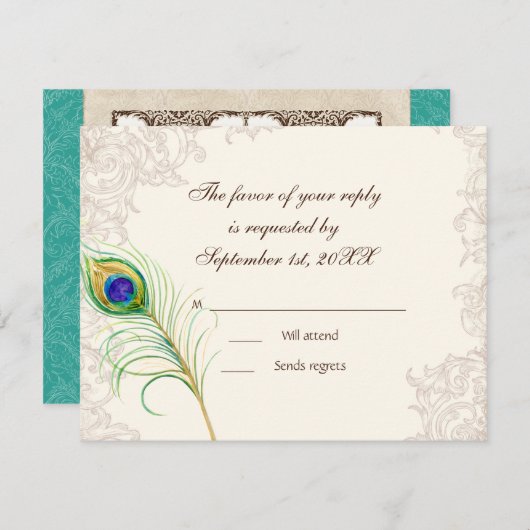 RSVPの応答カード-ヴィンテージの孔雀及びエッチング 出欠カード (正面/裏面)