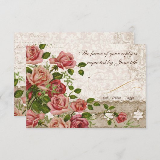 RSVPの応答カード-茶バラのヴィンテージのレース 出欠カード (正面/裏面)