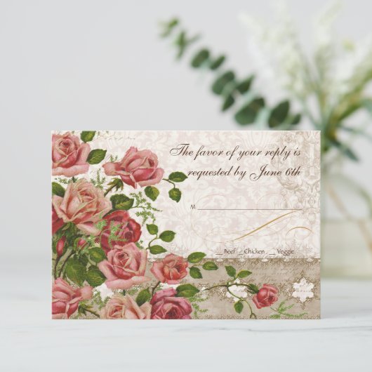 RSVPの応答カード-茶バラのヴィンテージのレース 出欠カード (スタンド正面)