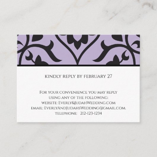 RSVPの応答結婚カード紫ブラックダマスク エンクロージャーカード (正面)