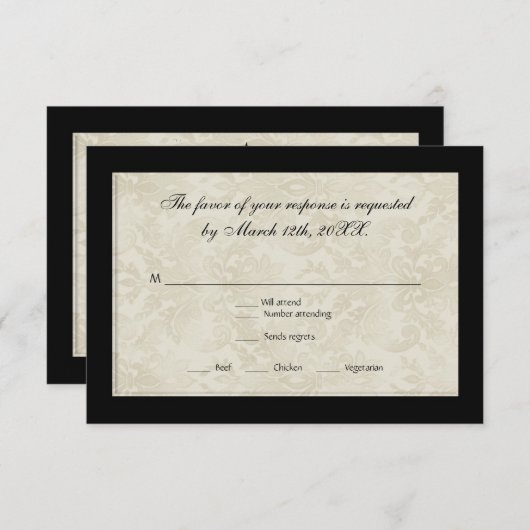 RSVPの応答、黒いnの白い円のダマスク織 出欠カード (正面/裏面)