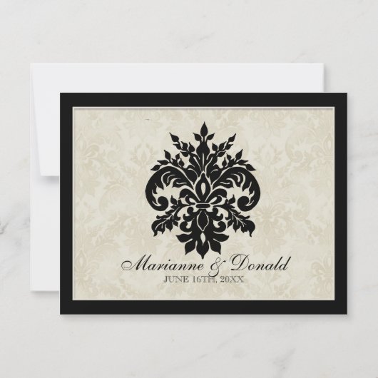 RSVPの応答、黒いnの白い円のダマスク織 出欠カード (裏面)