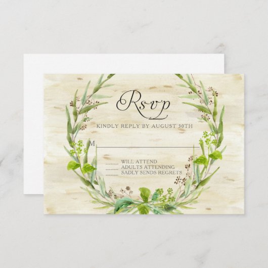 RSVPの応答BOHOの素朴な森林葉の種のリース 出欠カード (正面/裏面)