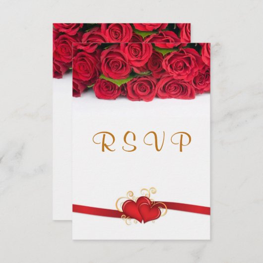 RSVPの招待状を結婚している赤いバラおよびハート 出欠カード (正面/裏面)