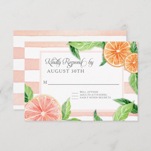 RSVPの素朴でストライプのな柑橘類のピンク種のグレープフルーツのオレンジ 出欠カード (正面/裏面)